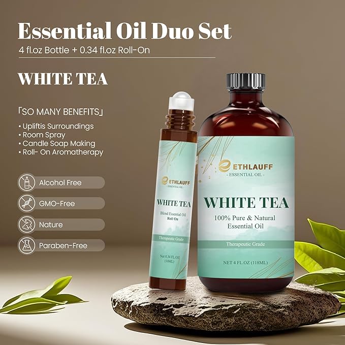 White Tea Diffuser Oil - White Tea Essential Oils for Diffuser Refill & Air Freshener Room Spray, Long-Lasting, Natural Home Fragrance and Scent for Diffusers(4 fl.oz Bottle + 0.34 fl.oz Roll-On)