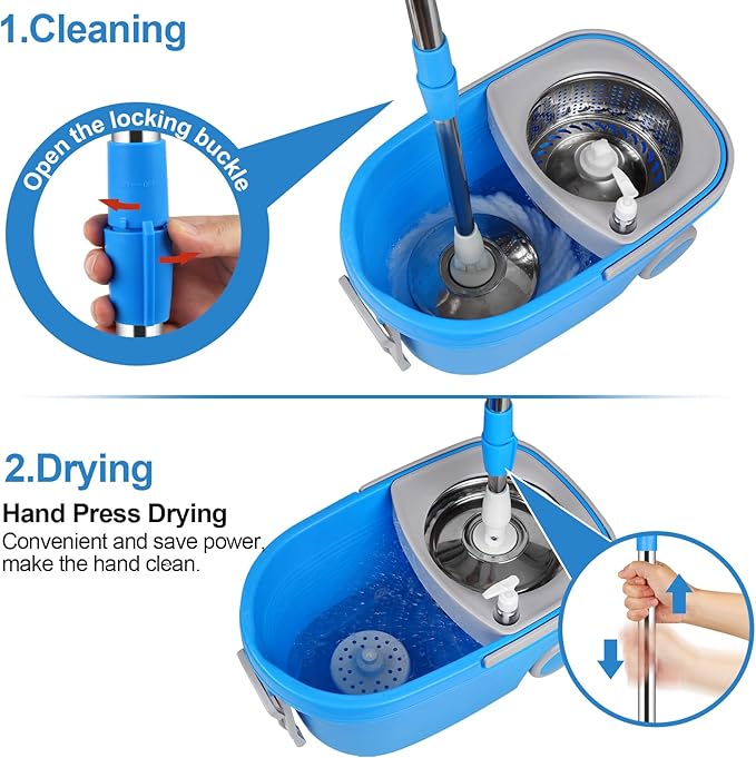 Spin Mop and Bucket with Wringer Set on Wheels, 360° Spinning Mop Bucket System with 3 Microfiber Mop Replacement Heads and 61" Stainless Steel Adjustable Handle for Floor Cleaning (25QT)