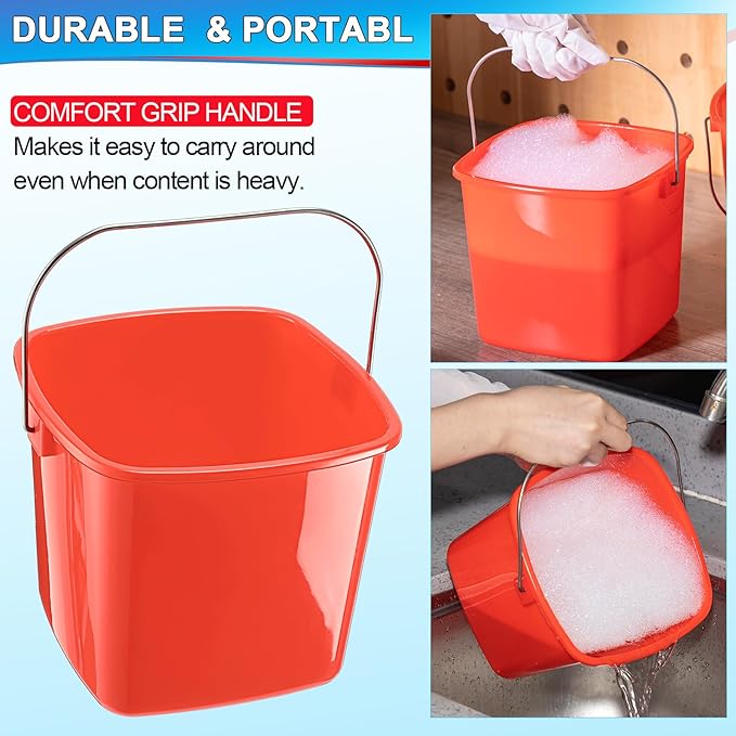 Zhehao 6 Pcs 3 Quart Cleaning Bucket Small Detergent Square Bucket Sanitizing Plastic Pail with Handles Square Cleaning Pail for Home, Offices, School, Commercial Use, Food Service(Red)