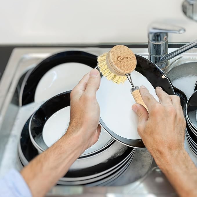Bamboo Dish Brush with Handle - 4 Replacement Heads, Eco Soft Bristles Vegetable Brush Scrubber for Food, Compostable & Sustainable, Bamboo Dish Scrubber for Cleaning Kitchen Utensils
