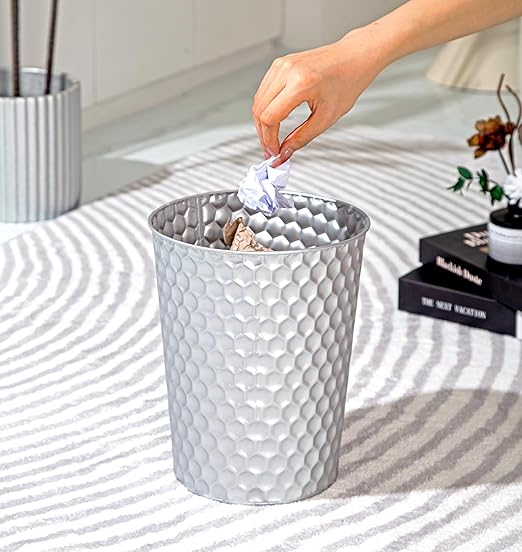 Small Metal Trash Can Wastebasket, Decorative Honeycomb Garbage Can Waste Basket, Modern Farmhouse Round Trash Bin for Bathroom, Bedroom, Kitchen and Office (Silver)