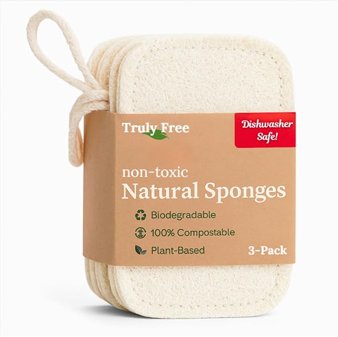 Truly Free Natural Cleaning Sponges, 100% Organic Luffa Dish Scrubber, Plant-Based Compostable Kitchen Dishwasher Sponge, Cleans Sink, Grout & Tile, Non Scratch Scouring Pad - 4.4 x 2.8 in, Pack of 3