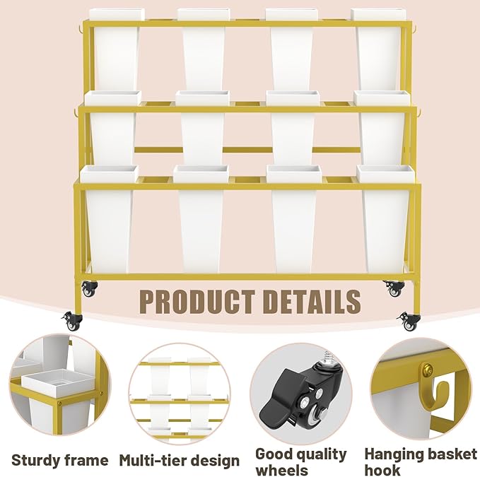 Flower Cart Display Stand with Buckets & Wheels – 3-Tier Mobile Flower Bar Cart for Shops, Weddings, Garden, and Home – Includes 12 Buckets & 4 Hooks (Gold)