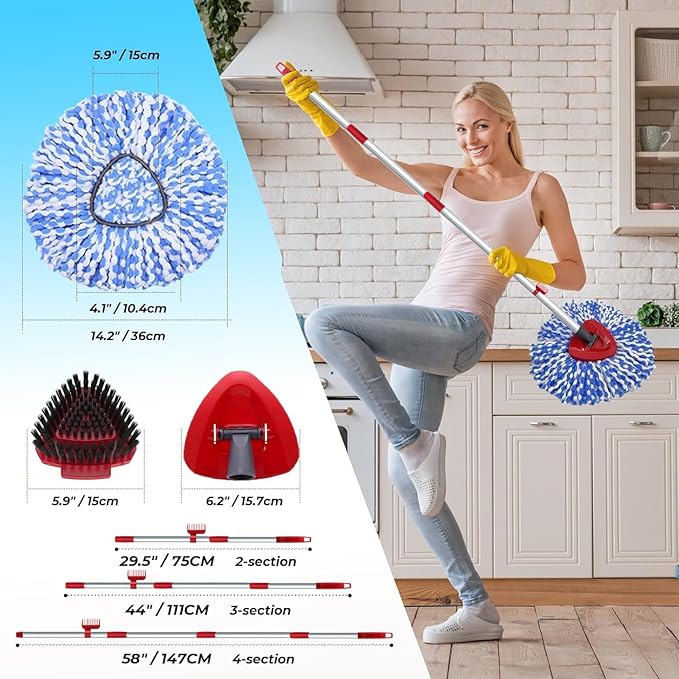 Spin Mop Head and Brush Replacement Compatible with O Cedar RinseClean 2-Tank System, 4 Mop Replace Heads, 1 Handle, 1 Base and 1 Scrub Brush Combo Set