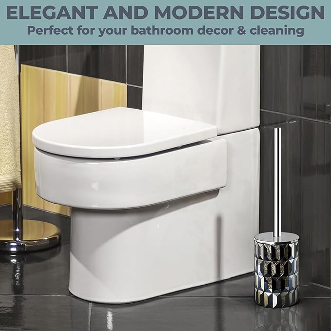 Escenzy Cute Toilet Brush and Holder Set Mosaic Glass | Non-Rustic Stainless Steel | Practical & Decorative Toilet Bowl Brush and Holder | Luxury Black and Gold Bathroom Accessories (Latest)
