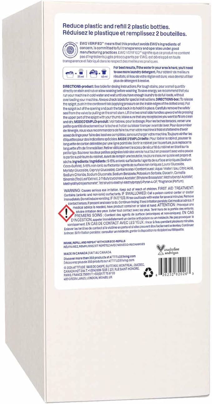 ATTITUDE Liquid Laundry Detergent Refill, EWG Verified, HE Compatible, Plant-Based & Vegan, Natural Laundry Soap, Pink Grapefruit Scent, 80 Loads, 67.6 Fl Oz