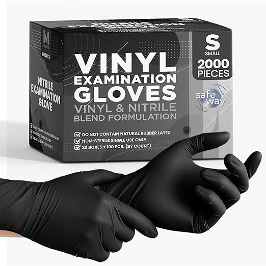 Nitrile-Vinyl Blended Disposable Gloves, Powder-Free & Non-Latex Gloves, 2000, Protective Gloves for Medical Exams, Cooking & Household Cleaning, 4 Mil Thick Non-Sterile Secure Grip Black, Small
