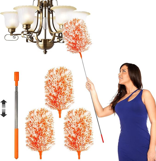 Extendable 20-49inches Microfiber Feather Duster with 3pcs Replaceable Bendable Heads, Extra Long Duster for Cleaning, Electrostatic Dust Remove for Ceiling, Fan, Window, Bookshelves(Orange)