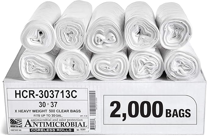 Aluf Plastics High Density Trash Bags, 20-30 Gallon, 2000 Count, 13 Micron (eq), 30" x 37", Clear, for Bathroom, Office, Industrial, Commercial, Janitorial, Municipal, Recycling