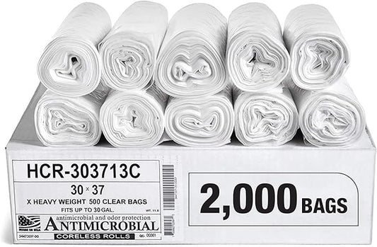 Aluf Plastics High Density Trash Bags, 20-30 Gallon, 2000 Count, 13 Micron (eq), 30" x 37", Clear, for Bathroom, Office, Industrial, Commercial, Janitorial, Municipal, Recycling