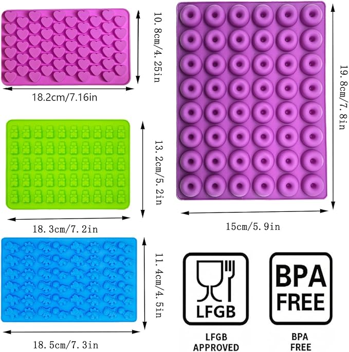 Gummy Candy Molds - Silicone Gummy Dinosaur/Donut/Small Hearts Shapes/Bear Mold for Kids with 2pcs Dropper,Non-stick and Bpa Free for Mini Candy Chocolate Gummies Baking