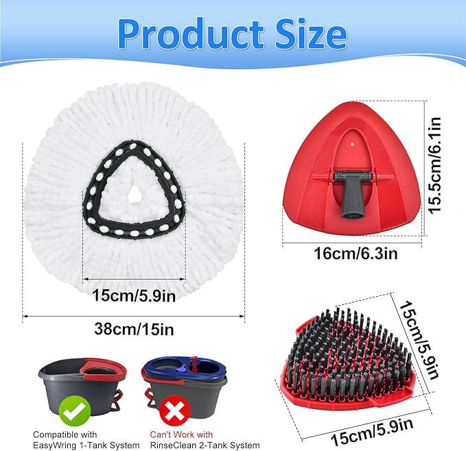 Mop Heads Replacements for Ocedar, Mop Replace Head for O Cedar EasyWring 1-Tank Spin Mop, 6 Mop Heads Include 3 Microfiber Mop Refills, 2 Upgrade Scrubber Mop Head, 1 Mop Base for O-Cedar Mop