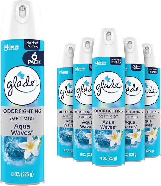 Glade Air Freshener Room Spray, Aqua Waves Scent, Odor Fighting to Deliver Long Lasting Freshness, 8 Oz, 6 Count