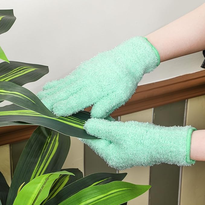 Patelai 3 Pairs Microfiber Plant Dusting Gloves Leaf Cleaning Gloves for Indoor Plants, Blinds, Furniture, House (Large,Green Yellow, Water Blue, Pink)