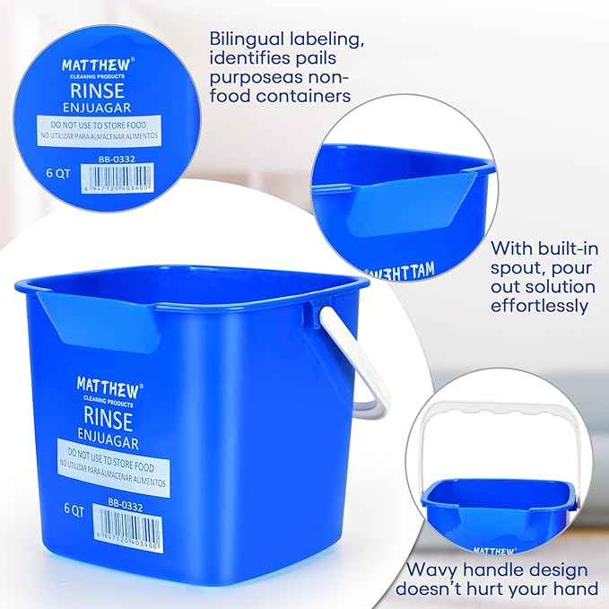 Matthew Detergent&Sanitizing Cleaning Bucket 6 Quart Plastic Pail,Set of 12 Square Containers,Built-in Spout w/Handle,Wash Rinse Sanitize Handwash Bucket for Home Office Commercial Restaurant (Blue)