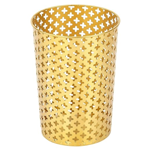 Metal Gold Trash Can, 7.28" D x 10" H Modern Cylindrical Gold Garbage Can, Durable Metal Waste Basket for Office Bathroom & Small Spaces
