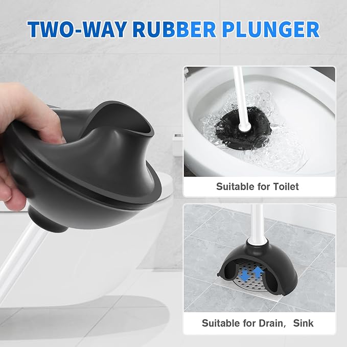 Toilet Plunger and Brush, Bowl Brush and Heavy Duty Toilet Plunger Set with Ventilated Holder, 2-in-1 Toilet Brush and Plunger Combo for 5.3-inch Toilet Drain Bathroom Cleaning (White)