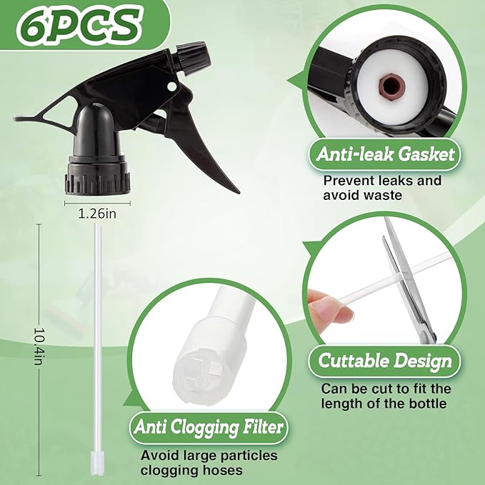 6pcs Spray Bottle Replacement Nozzle- Reusable Heavy Duty Mist Spray & Stream Sprayer Replacement Tops Fit Standard 28/400 Neck 32oz, 16oz, 8oz Bottles for Home Office Cleaning Household Gifts, Black