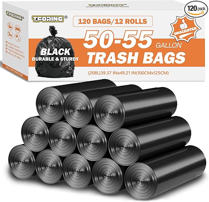 50-55 Gallon Black Trash Bags 120 Count - 40''x50'' Extra Large 50+ Gallon Garbage Bags,Unscented Strong Huge Can Liners for Construction Industrial Yard Outdoor Commercial