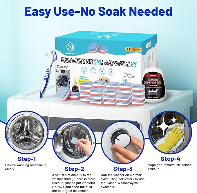 Washing Machine Cleaner Tablets Ultra - Designed for Pet Owners, Removes Residue, Grime & Odors, with Mold Cleaning Gel&Brush, Compatible with HE, Top&Front Load, 30 Tablets-12+ Month Supply