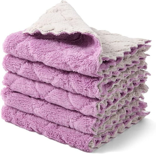 Cleaning Cloths Kitchen Towels Microfiber Washcloths Lint Free Dish Cloth Reusable Dishtowels Household Super Absorbent Fast Drying, 10"x10", Pack of 5 (Purple-Grey)