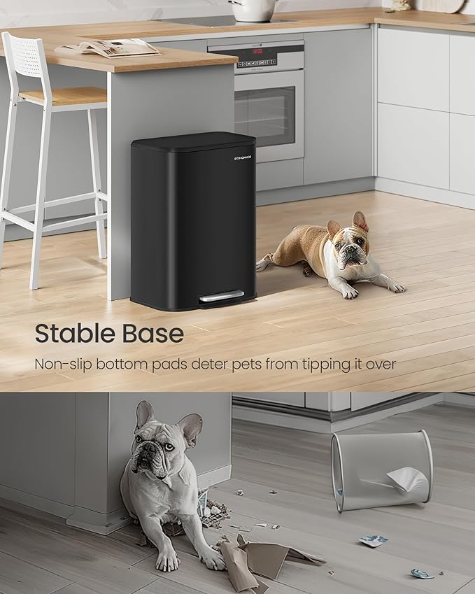 SONGMICS Kitchen Trash Can, 13-Gallon (50 L) Garbage Can with Lid, Stainless Steel, Soft Close and Stays Open, Inner Bucket, Wide Non-Slip Pedal, Ink Black ULTB547B01