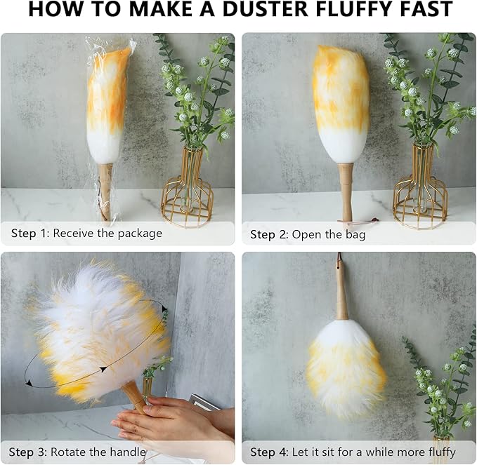 Lambs Wool Duster for Cleaning Window Blinds Computer Furniture TV Computer Screens Bookshelves Solid Wooden Handle Natural Feather Duster,26'', Yellow&White