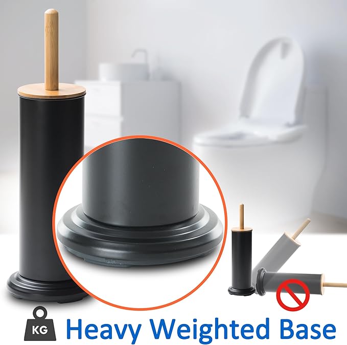Toilet Bowl Brush and Holder, Toilet Brush with Bamboo Handle and Covered Holder, Dual Brush Options, Weighted Metal Base (Black)