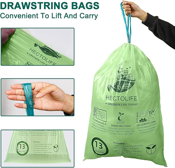 13 Gallon,200 Count, Compostable Trash Bags with Drawstring,Tear Resistant Kitchen Food Scrap Waste Bag, ASTM D6400, US BPI and Europe OK Compost Home Certified