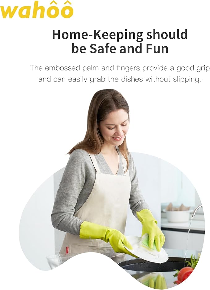 wahoo Skin-Friendly Cleaning Gloves, Cotton Flocked Lined Dishwashing Gloves, Reusable, Non-Slip, Waterproof, Bud Tender, Small