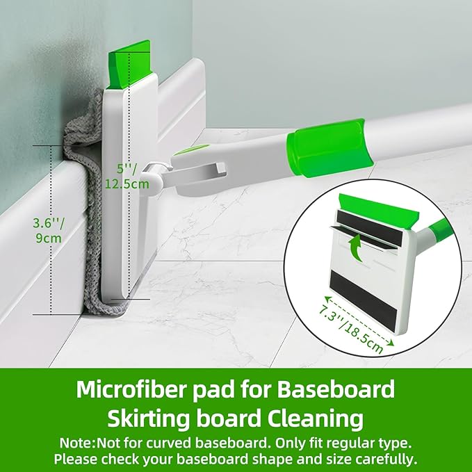 Baseboard Cleaner Tool with Handle, Extendable Long Handle Baseboard Cleaning Duster with Reusable Pads for Floorboard, Ceiling, Wall, Floor, Bathroom Kitchen (Green)
