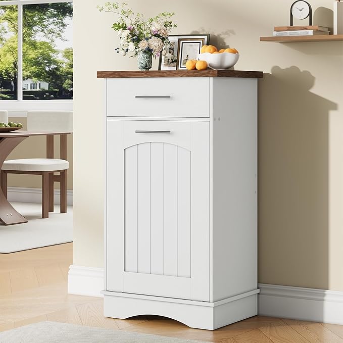 HOOBRO 10 Gallon Tilt Out Trash Cabinet, Kitchen Trash Can,Trash Bin Storage, with Flip Door and Large Drawer, Hidden Laundry Hamper Cabinet, for Kitchen, Laundry, White and Walnut WH02LJ01