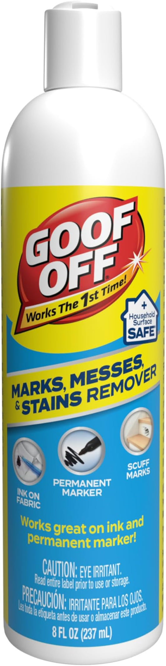 Goof Off Marks, Messes & Stains Remover, 8 fl. oz. Spray, Household Surface Safe, Removes Spots and Stains from Plastics, Fabric, and Clothing, Ideal for Households with Kids