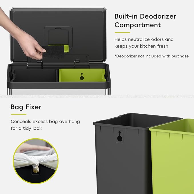 EKO EcoCasa II Rectangular Kitchen Step Trash Can, 20L+20L Dual Compartment Recycling Bins, Stainless Steel Lid and Pedal, Odor-Proof, Fingerprint Resistant