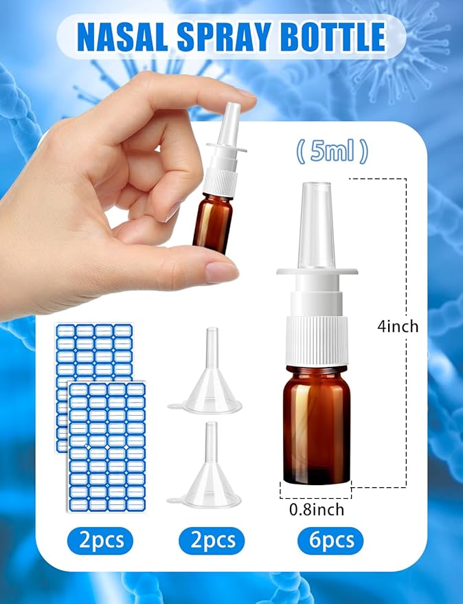 10 Pcs Nasal Spray Bottle, 5ML/0.17OZ 6 Pcs Brown Fine Mist Glass Empty Refillable Nasal Spray Bottle with 2 Pcs Funnels and 2 Pcs Labels