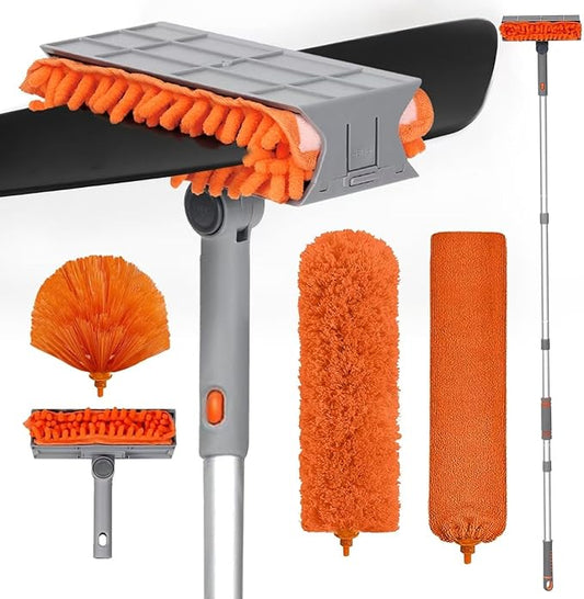 Ceiling Fan Cleaner Duster with 72‘’ Extendable Long Handle Cleaning Duster Kit, Reusable Chenille & Microfiber Mop Head for High Ceiling Fan Blade Wall Blinds Cobweb