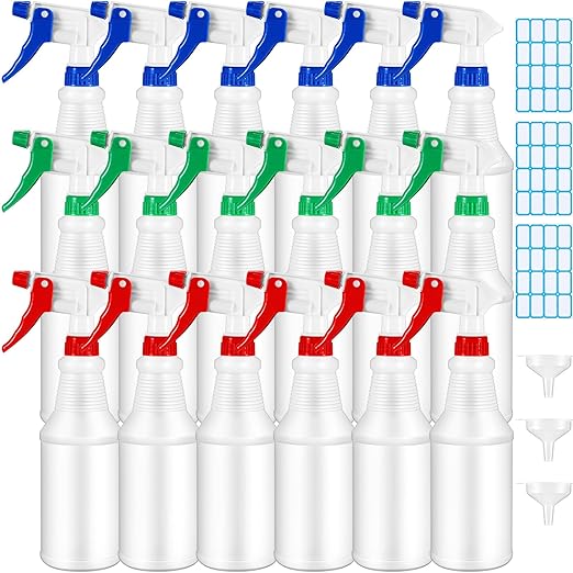 Yinder 18 Pcs 16 Oz Plastic Spray Bottle Bulk Empty Refillable Spray Bottles for Cleaning Solution Leak Proof Water Sprayer with Adjustable Nozzle Mist/Stream Mode(Red, Blue, Green)