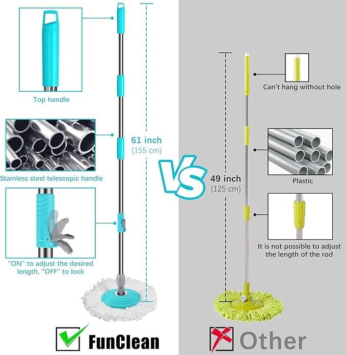 FunClean Spin Mop and Bucket,Mop and Bucket with Wringer Set for Home,360 Spinning Mopping Floor Cleaning Tool with 4 Microfiber Replacement Head Refills,61" Extended Handle, 2X Wheel - Blue