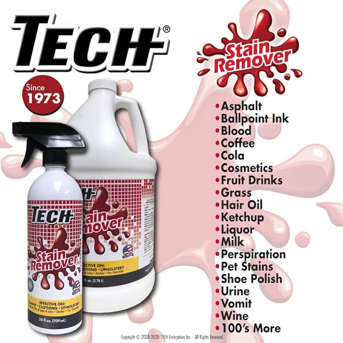 TECH Stain Remover, 24 oz Spray Bottle, 2-Pack, For Carpet, Clothes, Upholstery, and Other Fabrics