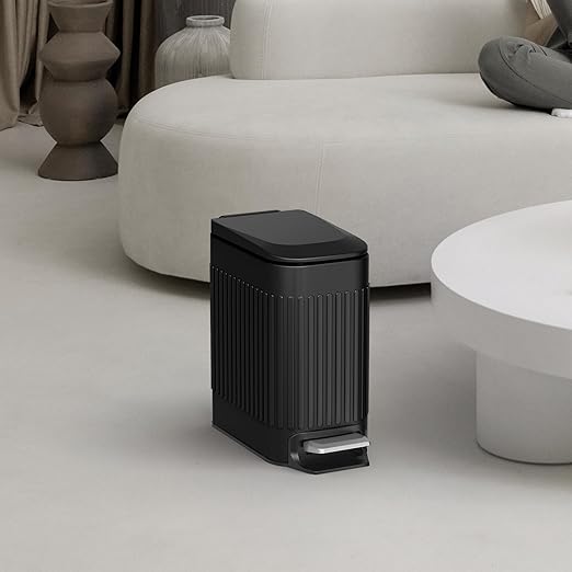 TrashAid Small Black Bathroom Trash Can with Lid Soft Close, 6 Liter / 1.6 Gallon, Stainless Steel Garbage Can with Removable Inner Bucket, Step Pedal, Slim Wastebasket for Toilet, Office, Bedroom