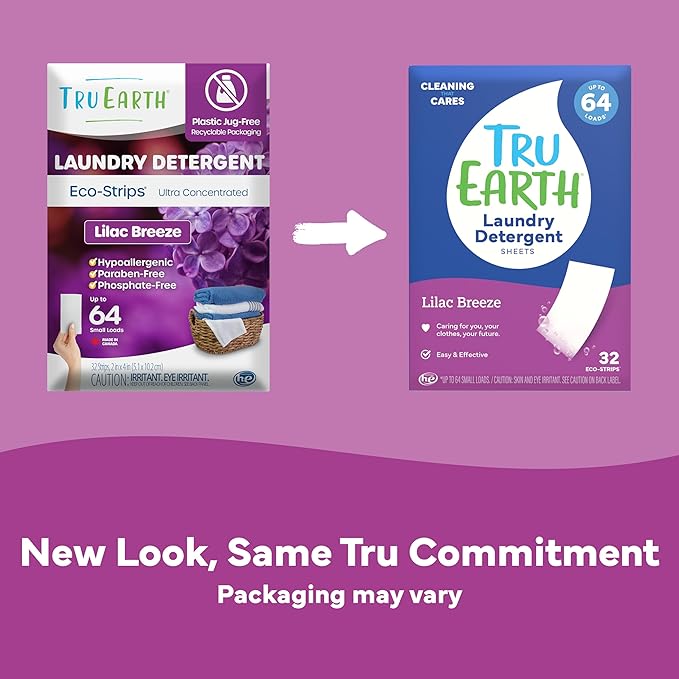 Tru Earth Compact Dry Laundry Detergent - Up to 64 Loads (32 Sheets) - Paraben-Free - Original Eco-Strip Liquidless Detergent, Travel Sheets - Lilac Breeze | Packaging May Vary
