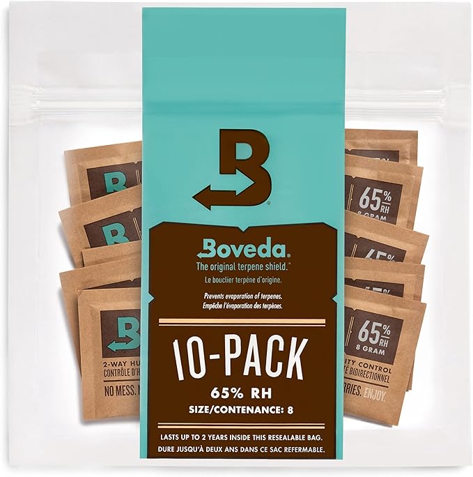 Boveda 65% Two-Way Humidity Control Packs for Storing Up to 5 Items – Size 8 – 10 Pack – For Small Travel Boxes – Moisture Absorbers – Humidifier Packs – Hydration Packets in Resealable Bag