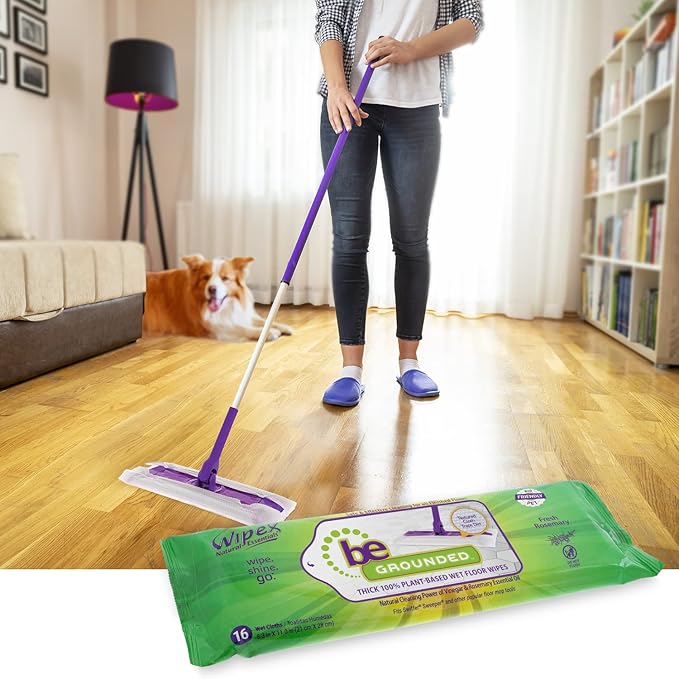 Wipex Wet Floor Wipes - Natural Wet Mop Pads Fit Swiffer Sweeper Mop - Rosemary Essential Oil & Vinegar & Plant-Based Textured Cloth Trap Absorb Dirt, Floor Cleaner Pads, 16 Count (Pack of 3)