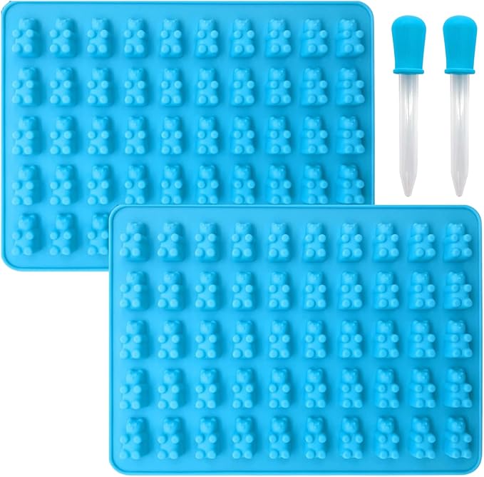 2 Piece Gummy Bear Silicone Molds, Non-Stick Chocolate Candy Mold with 2 Droppers Food Grade (Blue)