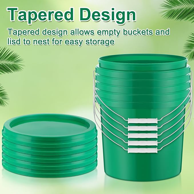 Tioncy 10 Pcs 2 Gallon Plastic Bucket with Lid Heavy Duty 2 Gallon Bucket Pail with Lid Handle for Storage Container Home Household Cleaning (Green)