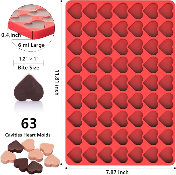 Heart Silicone Molds, 63 Large Heart Chocolate Mold for Baking Candy Gummy Jelly, Lovely Hearts Shaped Chocolate Candy Molds for Birthday & Valentine's Day Gifts for Women Men Lovers