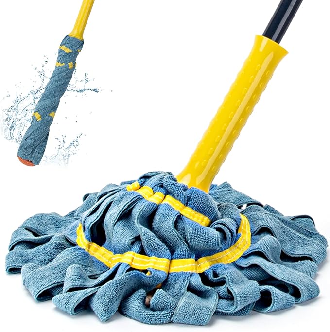 KeFanta Self-Wringing Twist Mop, Microfiber Cloth Wet Mops for Floor Cleaning, 57" Long Handle Floor Mop with Top Scouring Pad for Kitchen Hardwood Restaurant Bathroom Garages Warehouses Office
