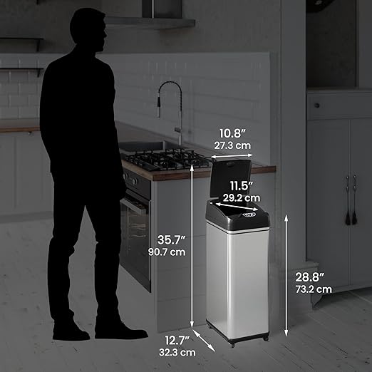 iTouchless Rolling 13 Gallon Sensor Kitchen Trash Can with Lid and Wheels, Odor Filter, Stainless Steel, Automatic Kitchen Trashcan Garbage Bin for Home Office Bedroom Living Room Garage Wastebasket