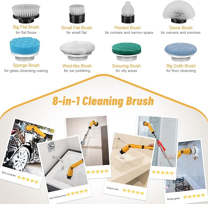 Qimedo Upgrade 1200 RPM Battery Electric Spin Scrubber, Highly Powerful Cordless Cleaning Brush with Smart Display, Electric Tile Floor Scrubber with 8 Brushes, Battery Powered Shower Scrubber