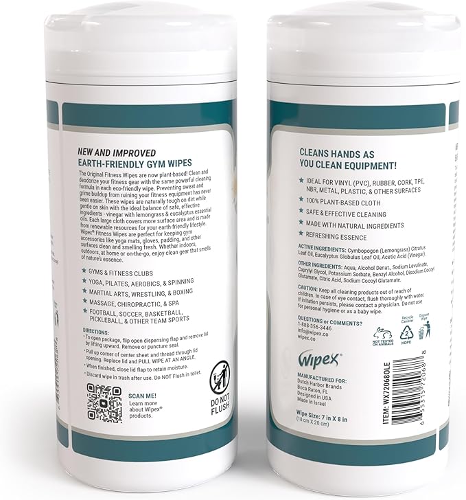 Wipex Fitness Equipment Wipes - Original Natural Plant Based Gym Wipes for Equipment, Clean Surfaces at Home or Gym, Use as a Yoga Mat Cleaner, Lemongrass, Eucalyptus & Vinegar, 50 Count (Pack of 1)